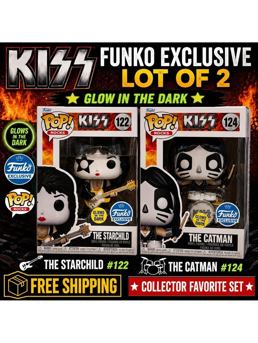 Funko Pop Rocks KISS GITD Starchild Catman Exclusive Lot of 2 New